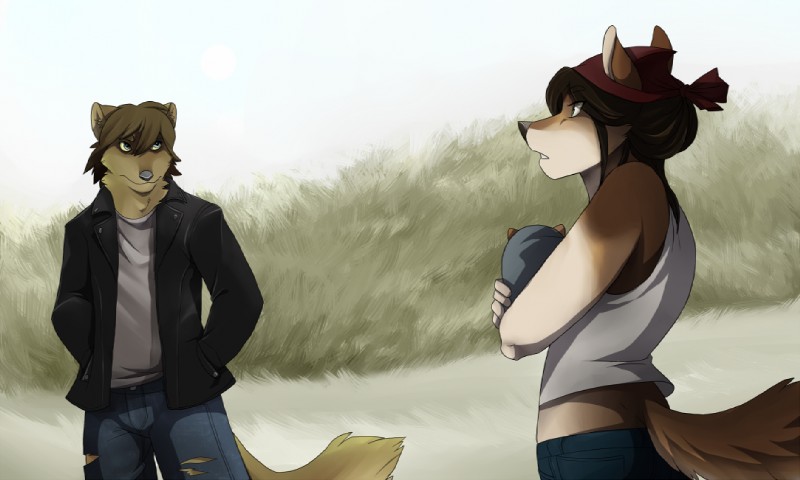 anthro bottomwear brown_hair clothed clothing duo eye_contact female grass hair jacket long_hair looking_at_another male pants plant shirt short_hair tail topwear jailbird dusty_rancourt maria_rojas canid canine canis mammal wolf 2010 digital_media_(artwork) shaded