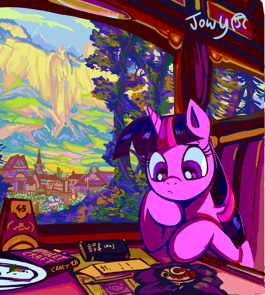 female hair horn in_railcar inside inside_train moving_vehicle passenger_railcar purple_eyes purple_hair railcar railway railway_track sculpture sitting solo statue town train vehicle window jowybean friendship_is_magic hasbro my_little_pony mythology twilight_sparkle_(mlp) equid equine mammal mythological_creature mythological_equine unicorn absurd_res hi_res