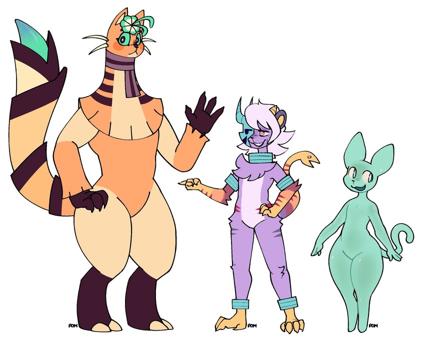 2_toes 4_fingers 4_toes ambiguous_gender anthro arm_tuft biped blush chest_tuft claws elbow_tuft feet female finger_claws fingers flower_on_head fur green_sclera grey_stripes group hair male open_mouth orange_body orange_eyes pointy_ears prick_ears purple_body purple_fur red_stripes round_ears scarf standing striped_body striped_fur stripes tail tail_mouth teal_body thick_thighs toe_claws toes trio tuft unusual_anatomy unusual_tail whiskers white_hair wide_hips yellow_body pomegraniter floraverse iranian_mythology middle_eastern_mythology mythology claude_(floraverse) mellie_(floraverse) toyle_(floraverse) felid flowercat goo_creature hybrid mammal manticore pantherine turf_tiger 2023 hi_res model_sheet signature nonbinary_(lore)