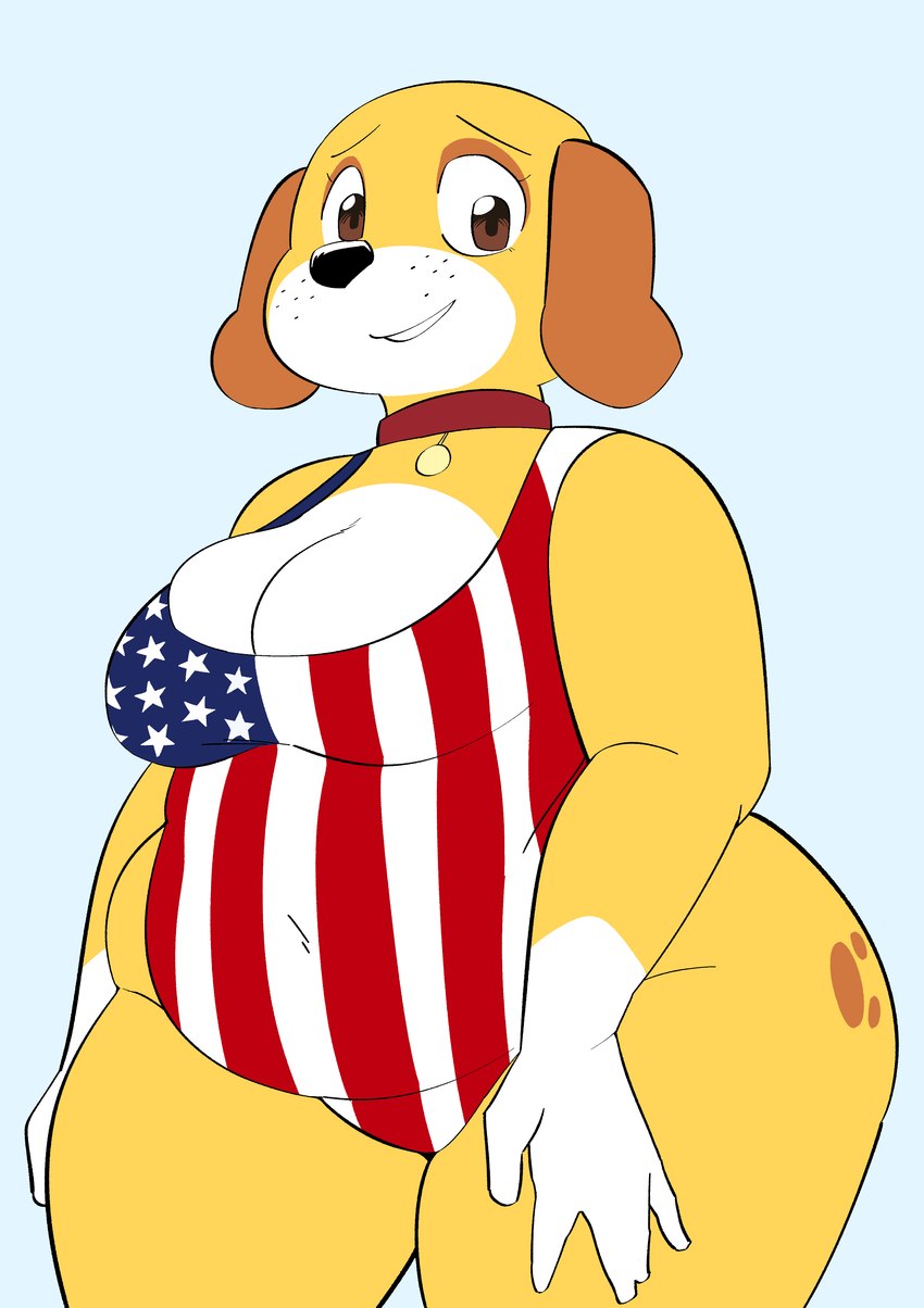 american_flag_clothing anthro belly breasts brown_eyes clothed clothing collar female female_anthro fingers flag_swimwear floppy_ears front_view fur holidays navel_outline one-piece_swimsuit overweight overweight_anthro overweight_female smile swimwear thick_thighs wide_hipped_anthro wide_hipped_female wide_hips yellow_body yellow_fur toonarscontent 4th_of_july martha_speaks martha_lorraine canid canine canis domestic_dog mammal 2024 absurd_res digital_drawing_(artwork) digital_media_(artwork) hi_res portrait three-quarter_portrait