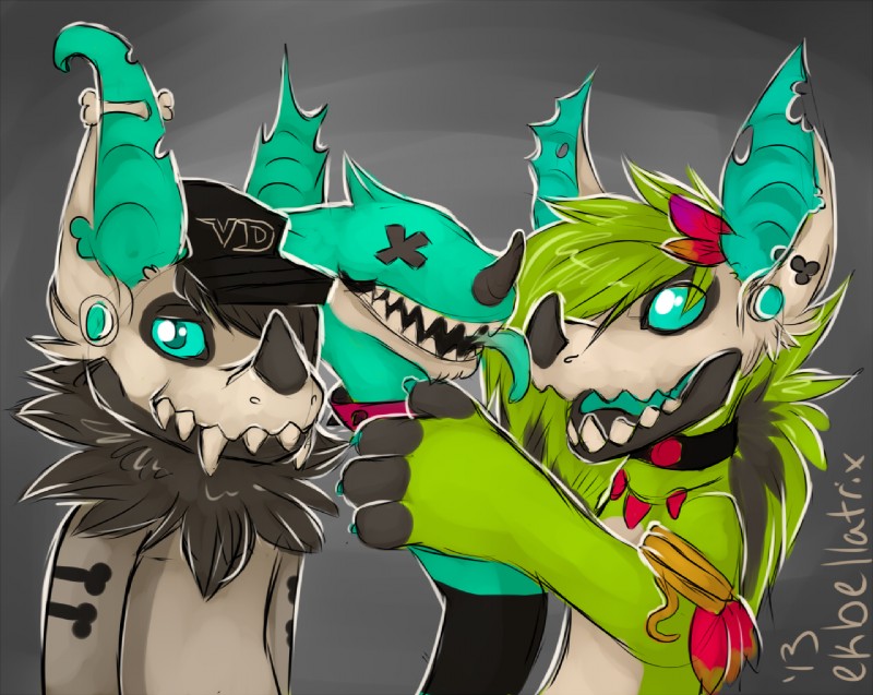 ambiguous_gender anthro black_hair blue_eyes bone claws duo fangs fur glamfur green_hair hair looking_at_viewer plushie sparklefur teeth ekbellatrix mammal 2013 signature