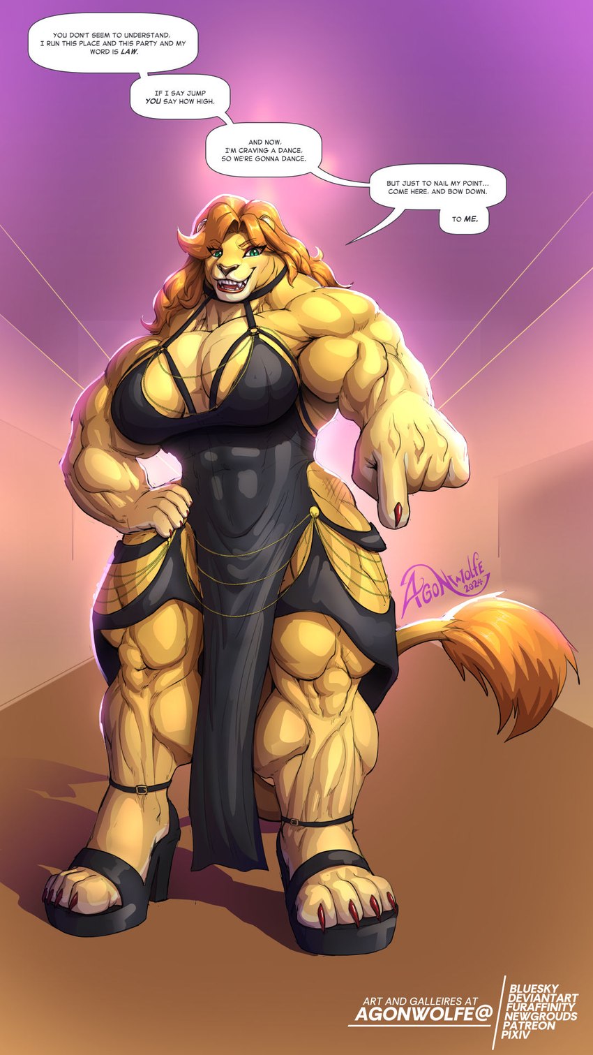 anthro big_muscles biped black_clothing black_dress chain_accessory claws clothing dialogue dress female first_person_view footwear gesture hair hand_gesture high_heels huge_muscles hyper hyper_muscles imposing muscular party plantigrade pointing shoes text translucent translucent_hair agonwolfe meme_clothing felid feline lion mammal pantherine 9:16 digital_media_(artwork) english_text hi_res meme