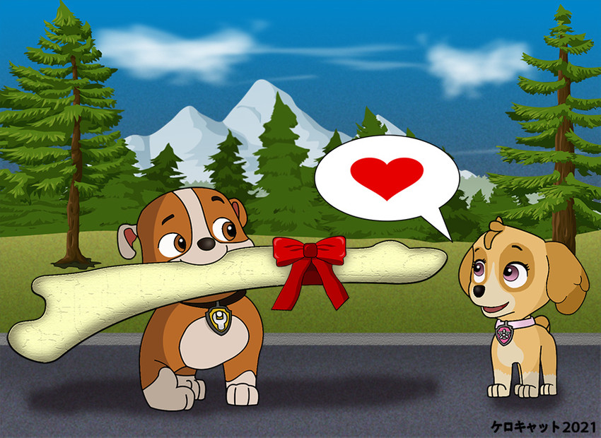 bone bone_in_mouth bow_(feature) bow_ribbon duo female feral gift_bow heart_reaction heart_symbol male male/female mouth_hold object_in_mouth red_bow speech_bubble young young_feral kerocat paw_patrol rubble_(paw_patrol) skye_(paw_patrol) bulldog canid canine canis cockapoo domestic_dog english_bulldog mammal mastiff mixed_breed molosser pictographics