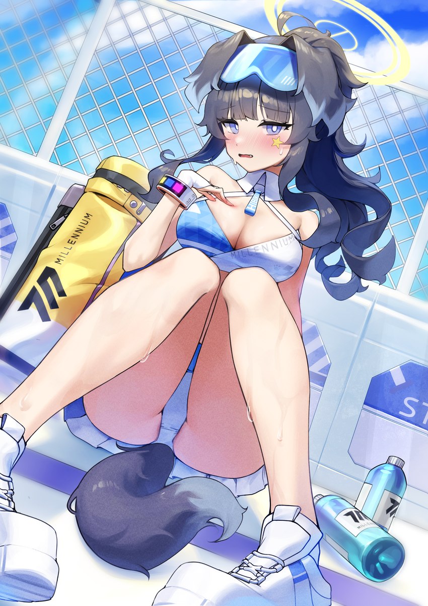 blue_eyes blush bodily_fluids bottomwear breasts cleavage clothed clothing female footwear halo panties shoes sitting skirt sneakers solo sweat underwear upskirt sbgu blue_archive hibiki_nekozuka animal_humanoid canid canid_humanoid canine canine_humanoid dog_humanoid humanoid mammal mammal_humanoid 2022 absurd_res hi_res