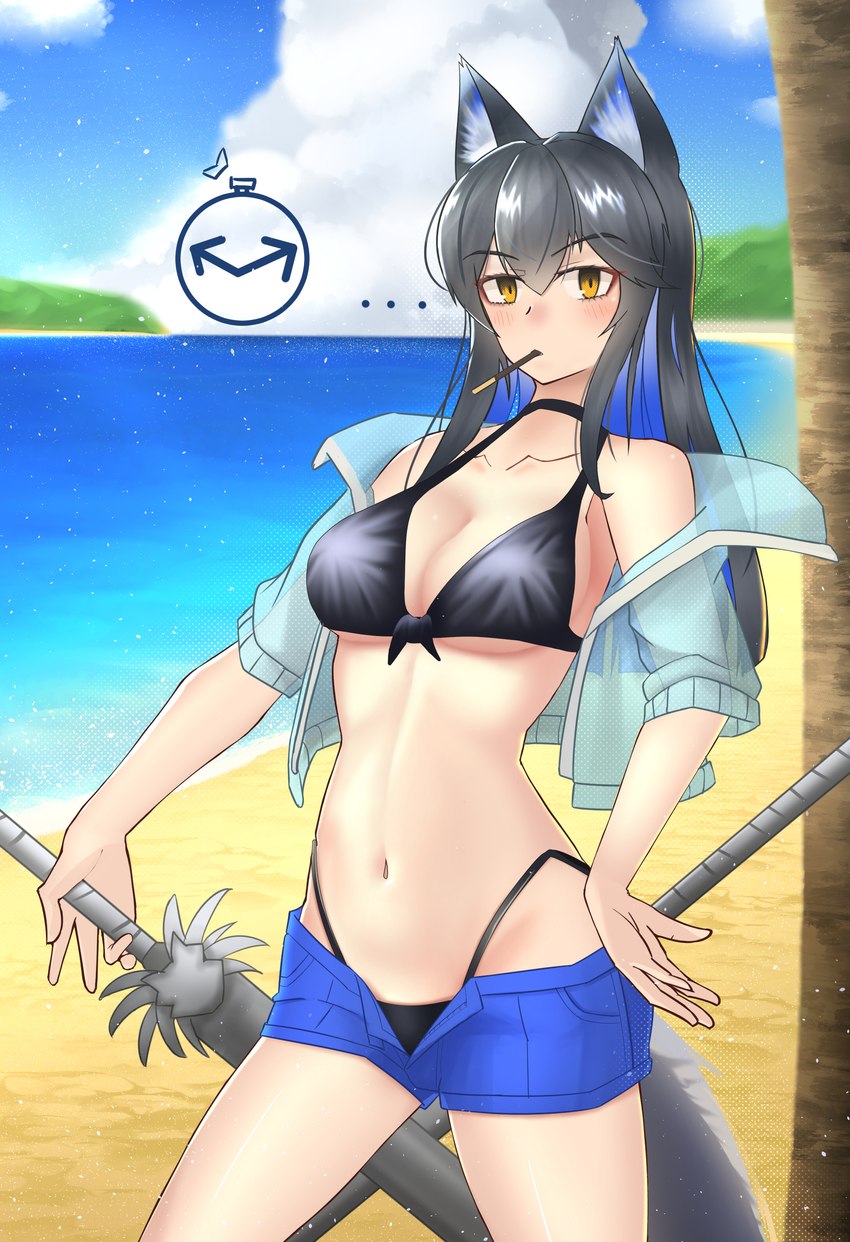 animal_ears animal_tail beach big_breasts black_clothing black_swimwear blue_bottomwear blue_clothing blue_shorts blue_topwear blush blush_lines bottomwear breasts choker clothed clothing ellipsis eyebrow_through_hair eyebrows eyelashes female food food_in_mouth front_view fur grey_body grey_fur grey_hair hair holding_melee_weapon holding_object holding_sword holding_weapon jewelry long_hair looking_at_viewer melee_weapon navel necklace open_clothing open_topwear pocky_in_mouth sea shorts solo swimwear sword tan_body tan_skin thick_thighs time_stop topwear translucent translucent_hair water weapon wide_hips yellow_eyes tonesword arknights hypergryph pocky studio_montagne texas_(arknights) animal_humanoid canid canid_humanoid canine canine_humanoid humanoid mammal mammal_humanoid wolf_humanoid absurd_res censored hi_res mosaic_censorship