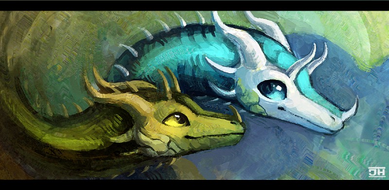 black_bars blue_eyes duo feral green_eyes horn smile spines iovin mythology dragon mythological_creature mythological_scalie scalie 2017 digital_media_(artwork) digital_painting_(artwork) painting_(artwork)