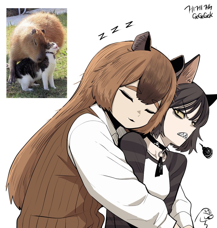 =_= animal_ears annoyed black_choker black_hair black_jewelry black_necklace brown_clothing brown_hair brown_topwear brown_vest capybara_ears choker clenched_teeth clothing creature_and_personification duo eyes_closed female from_side hair hug hugging_another hugging_from_behind jewelry long_hair long_sleeves necklace pattern_clothing pattern_shirt pattern_topwear personification photo_inset photo_reference reference_image reference_inset sharp_teeth shirt short_hair simple_background sleeping sound_effects squiggle striped_clothing striped_shirt striped_topwear stripes teeth topwear upper_body vest vowelless vowelless_sound_effect white_background white_clothing white_shirt white_topwear zzz gegegekman animal_humanoid capybara capybara_humanoid cat_humanoid caviid domestic_cat felid felid_humanoid feline feline_humanoid felis humanoid mammal mammal_humanoid rodent rodent_humanoid artist_name hi_res signature