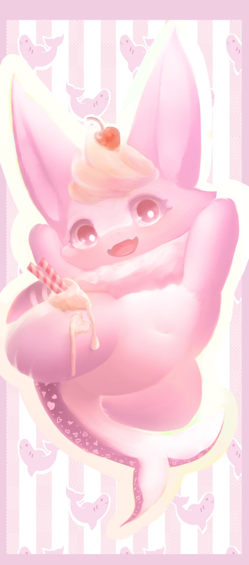 3_fingers 4_toes anthro blush dessert dorsal_fin featureless_crotch feet female female_anthro fin fingers food fruit fur heart_symbol ice_cream jumping kemono leg_markings long_ears looking_at_viewer markings navel neck_tuft nude open_mouth pink_body pink_ears pink_eyes pink_fur pink_inner_ear pink_skin pink_stripes plant pointy_ears prick_ears pupils raised_arms red_tongue shark_tail slightly_chubby smile solo stripes tail tail_markings thigh_markings toes tongue tuft unusual_pupils white_body white_pupils white_skin hasukii paper_(redace83) canid canine fish hybrid mammal marine shark absurd_res hi_res