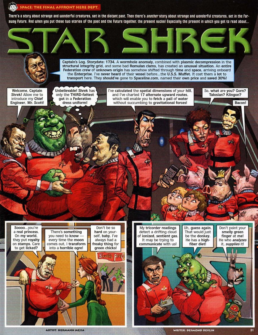 female group humor male parody starfleet_uniform text true dreamworks mad_(magazine) mad_(series) sex_pistols shrek_(series) star_trek star_trek_movies donkey_(shrek) hikaru_sulu james_t._kirk montgomery_scott nyota_uhura pavel_chekov princess_fiona shrek_(character) spock alien alien_humanoid asinus domestic_pig donkey equid equine human humanoid mammal ogre suid suine sus_(pig) vulcan crossover english_text hi_res url