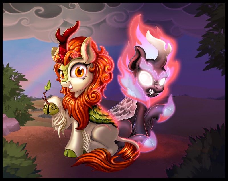 angry black_border border duo female feral looking_at_viewer harwick asian_mythology chinese_mythology east_asian_mythology friendship_is_magic hasbro my_little_pony mythology autumn_blaze_(mlp) dragon kirin mythological_creature mythological_scalie nirik scalie 2019 hi_res