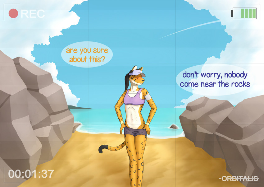 anthro beach black_hair blush camera_view clothed clothing female fur hair navel outside recording seaside smile solo text white_body white_fur yellow_body yellow_fur orbitalis cheetah felid feline mammal english_text