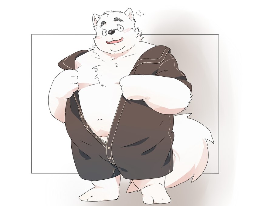 anthro belly big_belly blush clothing humanoid_hands kemono male moobs overweight overweight_male solo undressing inunoshippo canid canine canis domestic_dog mammal 2023 5:4 hi_res