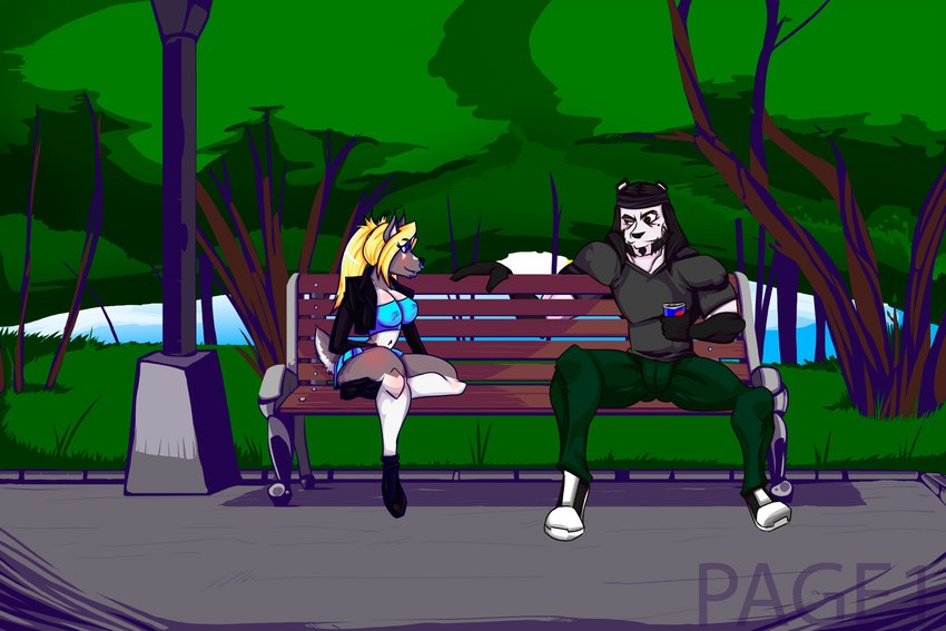 anthro bandanna_on_forehead beard bench beverage black_hair blonde_hair bottomwear clothing duo eye_contact facial_hair female hair jacket looking_at_another male male/female outside park park_bench pigtails public sitting skirt topwear j187r marcex remaninglife jess_(j187r) sergio_(remaninglife) bear canid canine canis domestic_dog giant_panda humanoid husky mammal nordic_sled_dog spitz 3:2 comic digital_media_(artwork)