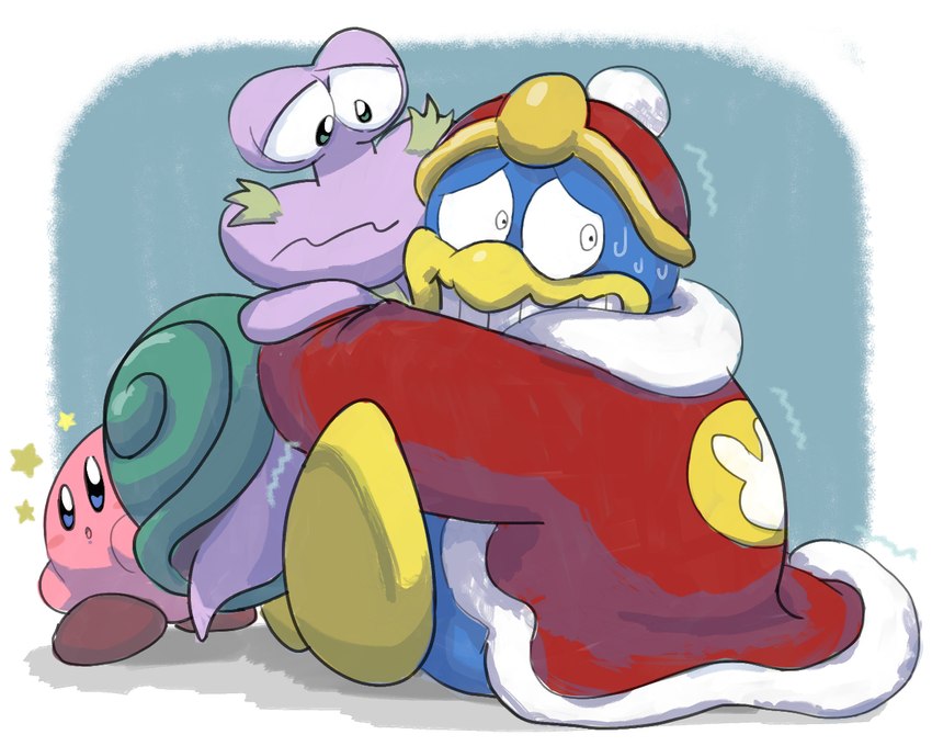 anthro bodily_fluids clothed clothing duo hug male robe scared shaking shivering sweat worried worried_look ringoggogo kirby:_right_back_at_ya! kirby_(series) nintendo escargoon king_dedede kirby avian bird gastropod mollusk penguin snail 5:4