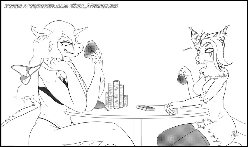 anthro breasts card clothing duo female female/female lingerie poker poker_chip sibi_the_messtress inktober sibi_(sibi_the_messtress) domestic_cat felid feline felis fish maine_coon mammal marine seahorse syngnathid syngnathiform 2022 absurd_res character_request hi_res