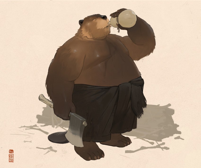 anthro axe belly big_belly brown_body drinking kemono lumberjack male moobs overweight overweight_male solo huynhduyad14 beaver mammal rodent 2024 hi_res