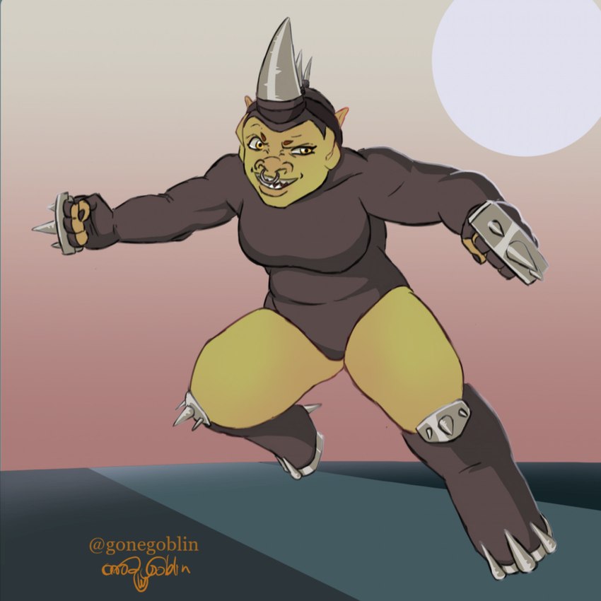 big_breasts brass_knuckles breasts clothing female melee_weapon one-piece_swimsuit onesie slightly_chubby slightly_chubby_female solo swimwear thick_thighs weapon wide_hips gone_goblin marvel spider-man_(series) power_girl rhino_(spider-man) goblin humanoid mammal rhinoceros 1:1 hi_res