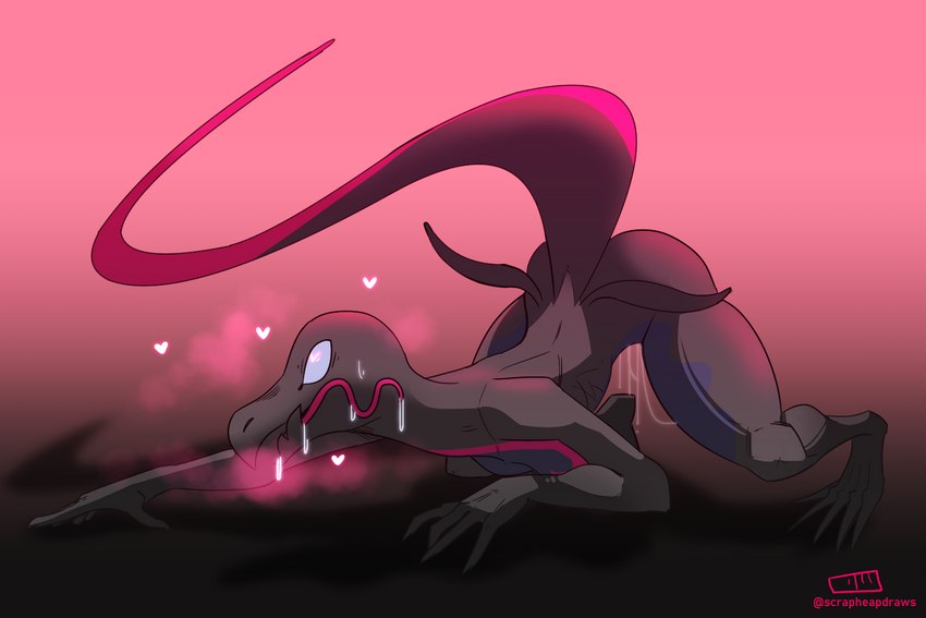 anthro bodily_fluids drooling female genital_fluids heart_eyes heart_symbol saliva solo vaginal_fluids scrapheap_(artist) nintendo pokemon generation_7_pokemon pokemon_(species) salazzle 3:2