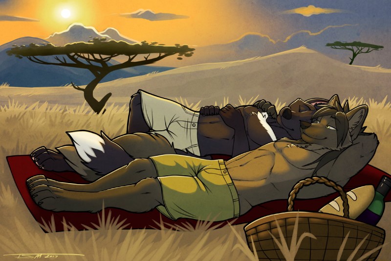 africa anthro bottomwear clothed clothing cuddling duo male male/male shorts topless tsaiwolf darkwolf246 canid canine canis mammal wolf 3:2