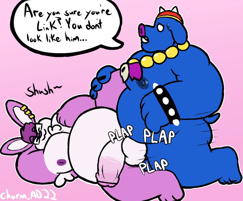 anthro balls belly big_belly blue_body dialogue duo erection eyewear genitals glasses male male/male moobs nipples overweight overweight_male penis pink_body sex simple_background text charmcharmcharm nintendo the_legend_of_zelda ganon domestic_pig lagomorph leporid mammal rabbit suid suine sus_(pig) 2022 english_text hi_res