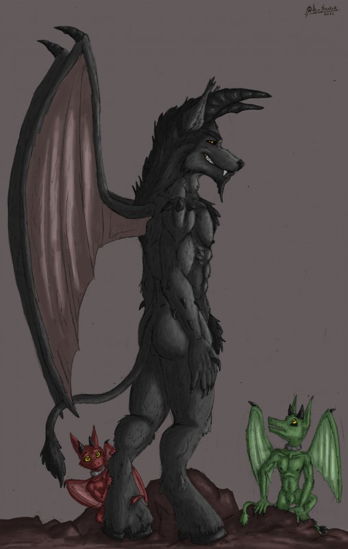 abs athletic biceps black_body black_hair butt chest_tuft claws collar fangs fur green_body grin group hair hooves horn looking_at_viewer male mane membrane_(anatomy) membranous_wings muscular nipples pubes red_body simple_background smile standing teeth text tuft wings yellow_eyes ace_stryker canid canine canis demon imp mammal wolf 2013 absurd_res hi_res