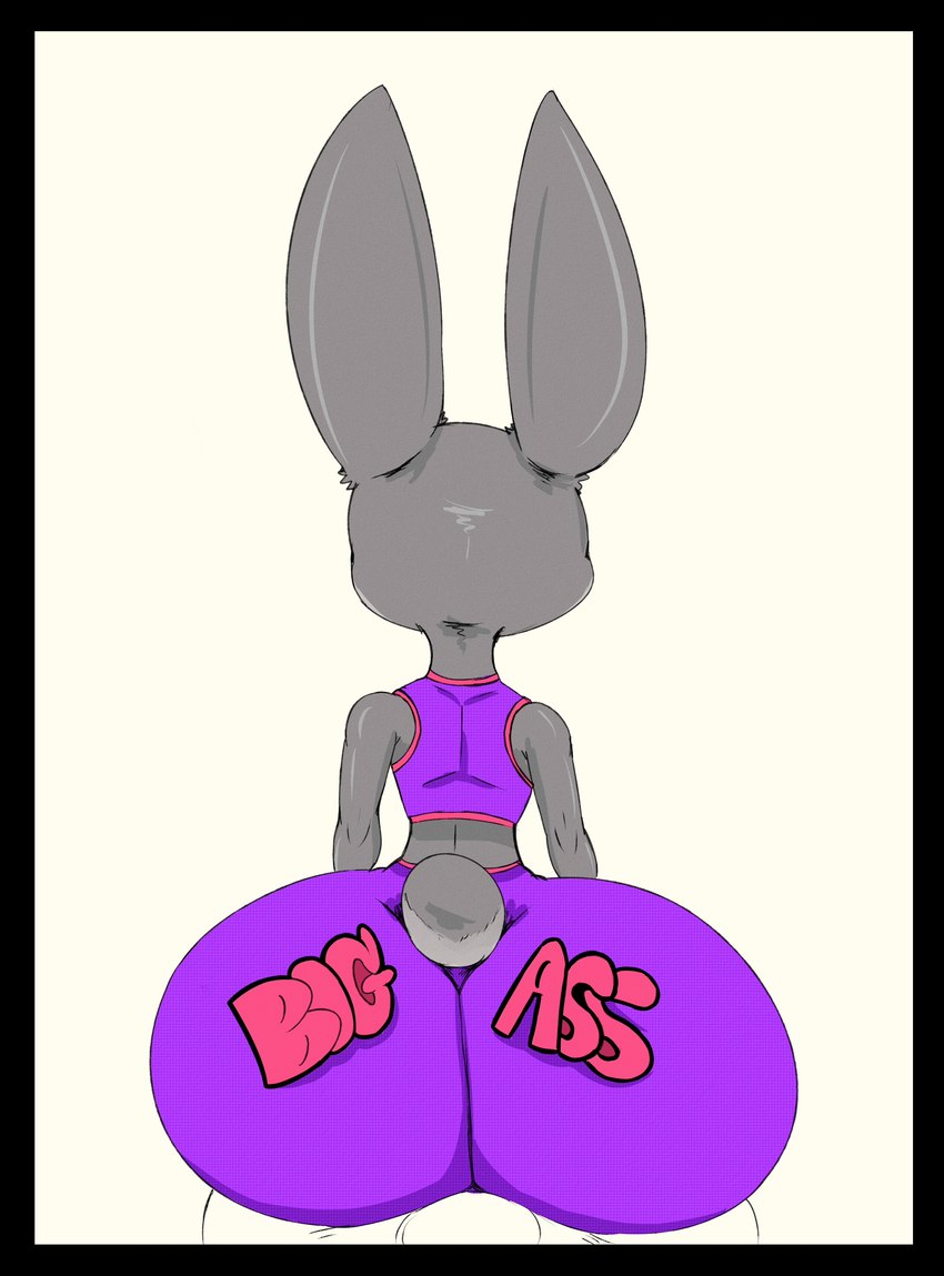 anthro big_butt black_border border bottomwear bra butt clothing female grey_body huge_butt rear_view shorts solo sports_bra text text_on_bottomwear text_on_clothing text_on_shorts underwear neom-daddy disney zootopia judy_hopps lagomorph leporid mammal rabbit absurd_res english_text hi_res