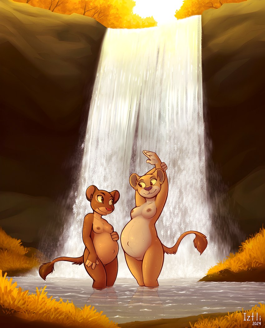 adolescent anthro areola bath bathing belly big_belly both_pregnant breasts brown_body brown_fur duo female fur genitals multicolored_body multiple_pregnancies nipples pregnant pregnant_anthro pregnant_female pussy tan_body tan_fur two_tone_body underage_pregnancy waterfall_shower young iztli disney the_lion_guard the_lion_king kiara_(the_lion_king) rani_(the_lion_guard) felid lion mammal pantherine 2024 absurd_res hi_res