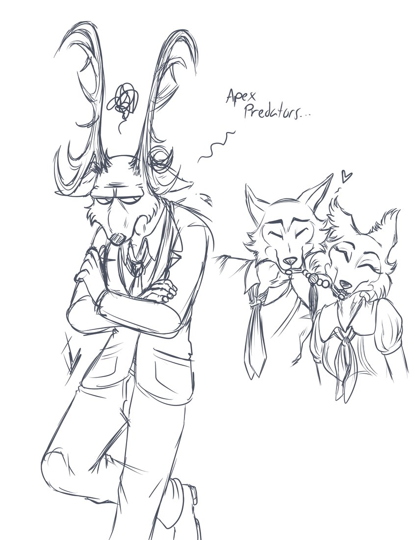 annoyed antlers ascot clothing dog_toy glaring_at_another horn necktie rope rope_pull suit tug_of_war wastedtimeee beastars juno_(beastars) legoshi_(beastars) louis_(beastars) canid canine canis cervine deer mammal red_deer wolf absurd_res hi_res