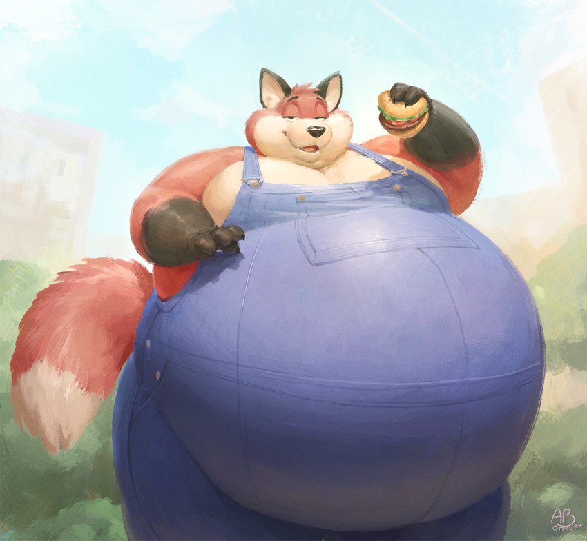 anthro belly big_belly big_cheeks black_body black_fur burger chubby_cheeks claws clothed clothing food fur holding_burger holding_food holding_object huge_belly male moobs obese obese_anthro obese_male open_mouth open_smile orange_body orange_fur outside overalls overalls_only overweight overweight_anthro overweight_male plant smile solo standing tongue tree white_body white_fur abthegreat artfulreggie canid canine fox mammal hi_res