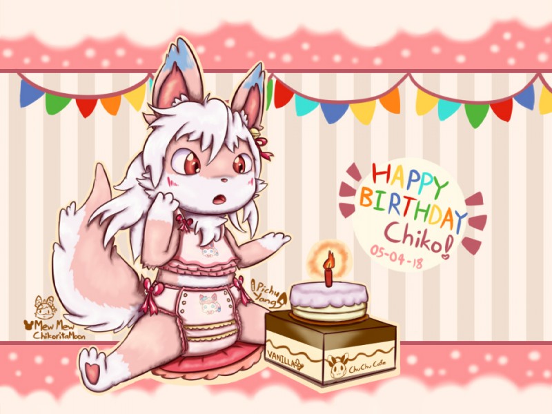 anthro birthday box cake clothing container dessert diaper dress female food ribbons solo young young_anthro pichuyang nintendo pokemon canid canine domestic_cat eeveelution felid feline felis fox generation_6_pokemon hybrid mammal pokemon_(species) sylveon 4:3