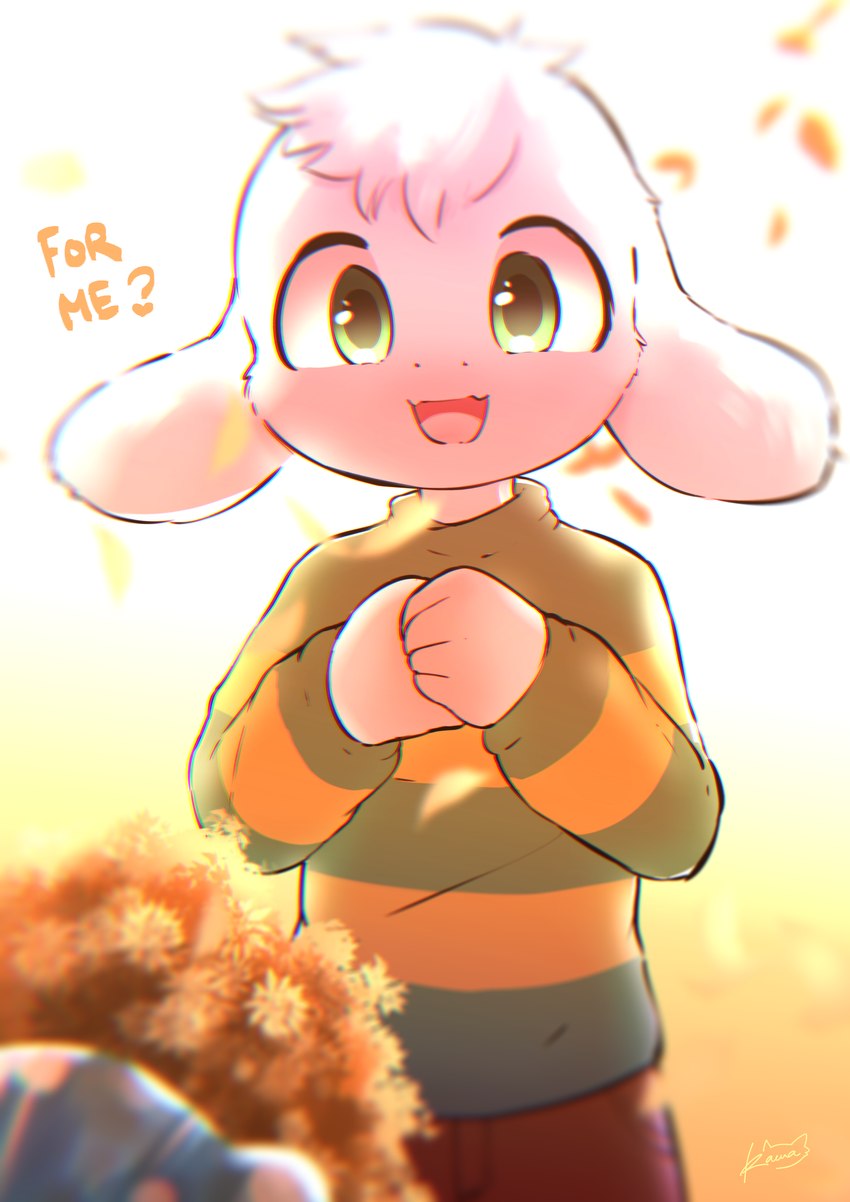 anthro bottomwear bouquet clothing flower fur green_eyes hands_together happy male open_mouth phone_wallpaper plant shirt shorts solo text topwear white_body white_fur young young_anthro young_male kawa_(artist) undertale undertale_(series) asriel_dreemurr bovid caprine goat mammal monster absurd_res english_text hi_res