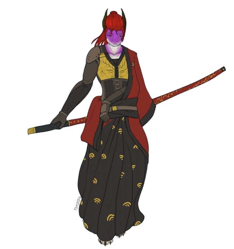 anthro armor asian_clothing biped clothed clothing east_asian_clothing eyes_closed female hair horn japanese_clothing kimono melee_weapon red_hair samurai scar simple_background solo standing sword warrior weapon white_background tokaido mythology arun_(tokaido) dragon mythological_creature mythological_scalie scalie 2016 digital_media_(artwork) hi_res