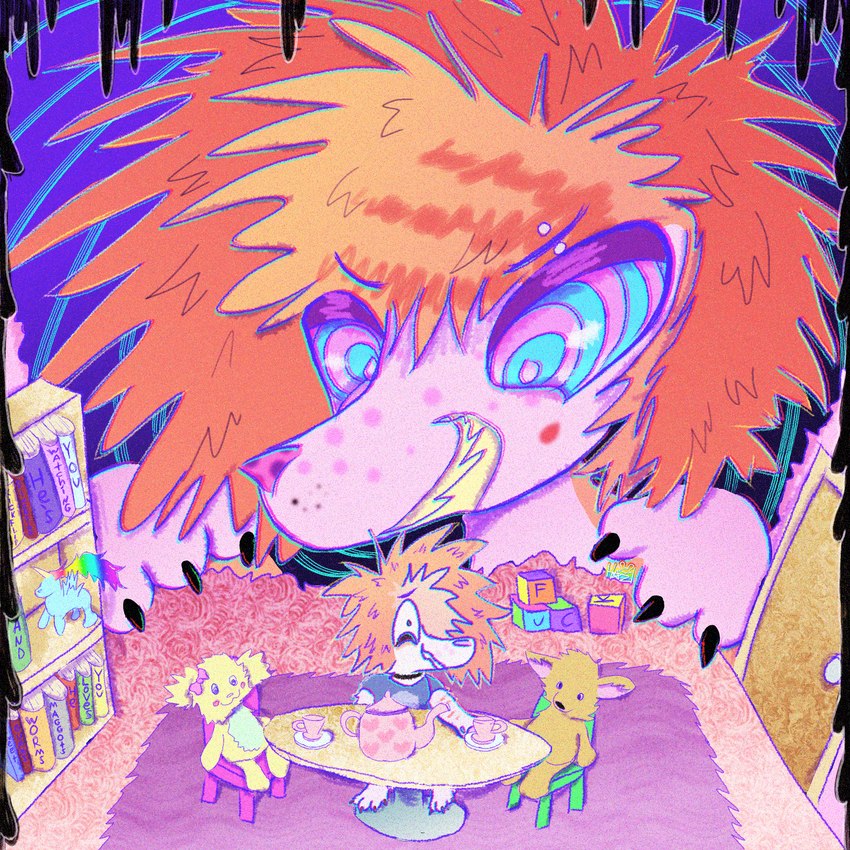 alternative_fashion anthro coontail_hair duo grin hypnosis hypnotic_eyes kindergarten mind_control plushie ringed_eyes scene_(fashion) scene_haircut smile teddy_bear young bunamine sauce_(spitthesauce) bird_dog canid canine canis domestic_dog golden_retriever hunting_dog mammal retriever 1:1 2023 hi_res