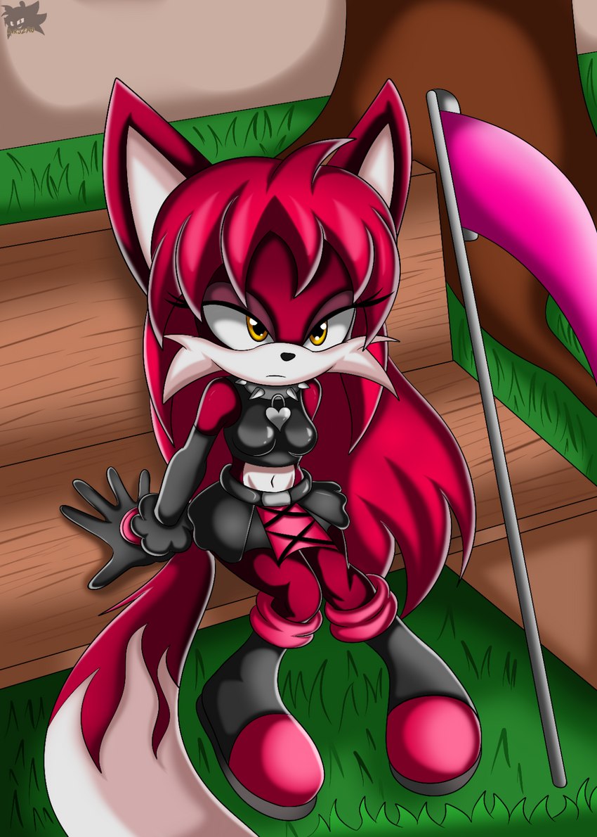 accessory alternative_fashion anthro bottomwear breasts clothing collar energy_scythe energy_weapon eyeshadow female footwear fur gloves goth hair handwear leg_markings looking_away makeup markings melee_weapon park polearm red_body red_fur red_hair scythe shoes sitting skirt solo weapon yellow_eyes sirjzau sega sonic_the_hedgehog_(series) fan_character scarlett_the_fennec canid canine fennec_fox fox mammal true_fox hi_res