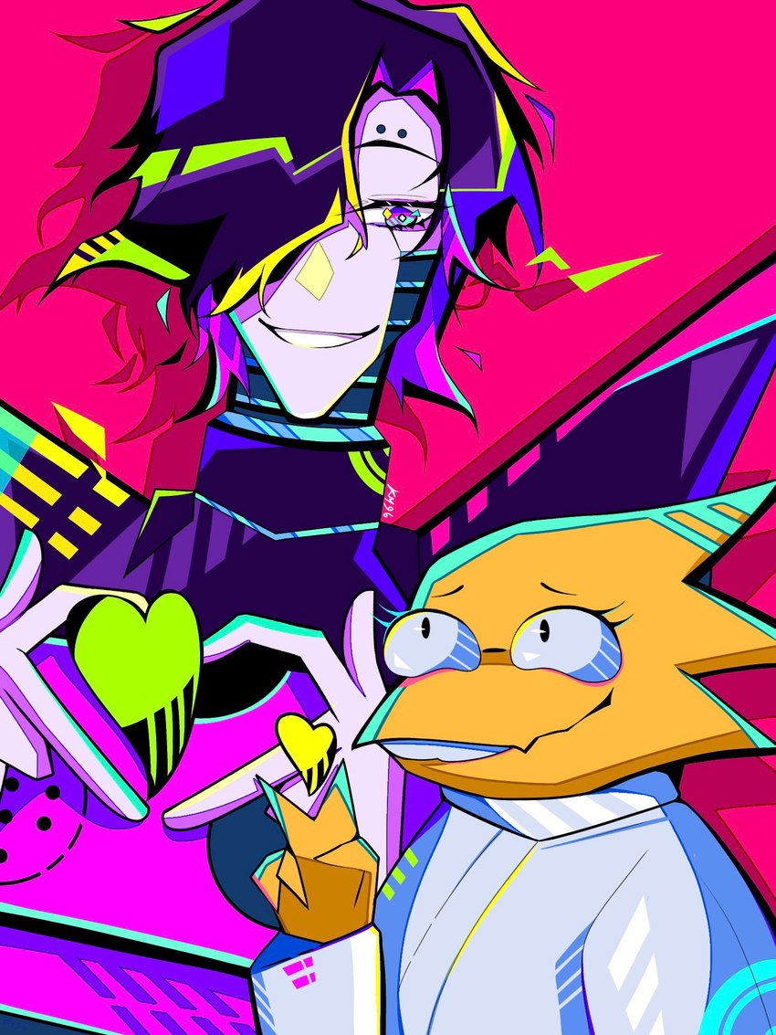 anthro black_hair buckteeth clothing coat duo female gesture grin hair hair_over_eye hand_gesture heart_symbol lab_coat machine makeup male mascara one_eye_obstructed purple_eyes scales simple_background smile teeth topwear v_sign white_body yellow_body yellow_scales kuroiyuki96 undertale undertale_(series) alphys mettaton_ex humanoid lizard reptile robot robot_humanoid scalie 3:4 hi_res