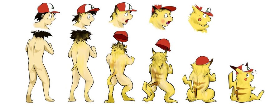 black_hair brown_body brown_fur butt clothing ear_expansion expansion feral fur fur_growth growth hair hat hat_only headgear headgear_only headwear headwear_only looking_back male mostly_nude nude red_body red_cheeks red_fur shrinking size_transformation solo species_transformation tail tail_growth transformation transformation_sequence yellow_body yellow_fur nojo nintendo pokemon ash_ketchum ashchu generation_1_pokemon human mammal pikachu pokemon_(species)