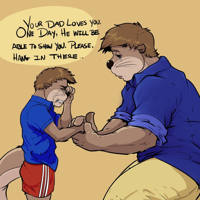 anthro blue_clothing blue_shirt blue_topwear bodily_fluids bottomwear brown_hair clenched_teeth clothing comforting comforting_another crying daddy_issues dialogue duo hair hand_holding hopeful male otter_tail red_bottomwear red_clothing red_shorts sad shirt shorts simple_background sobbing talking_to_self tears teeth text topwear upset whiskers wiping_tears pandottermon mammal mustelid otter hi_res