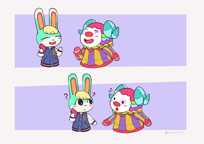 ambiguous_gender anthro biped blush clown clown_makeup clown_nose confusion duo electronics eye_contact horn looking_at_another phone question_mark simple_background simple_nose smile r1zmy animal_crossing nintendo pietro_(animal_crossing) sasha_(animal_crossing) bovid caprine lagomorph leporid mammal rabbit sheep hi_res signature