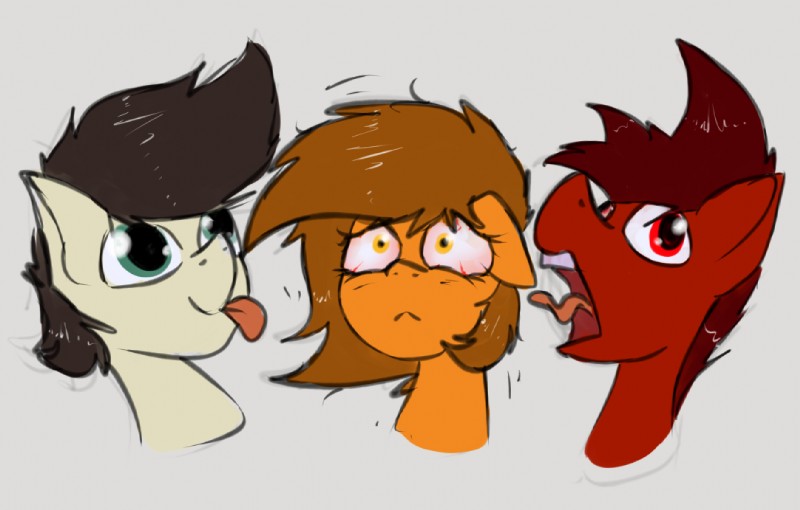 amber_eyes ambiguous_gender brown_hair grey_background group hair red_eyes red_hair simple_background tongue tongue_out white_background marsminer hasbro my_little_pony fan_character mars_miner pone_keith venus_spring equid equine horse mammal pony 2016