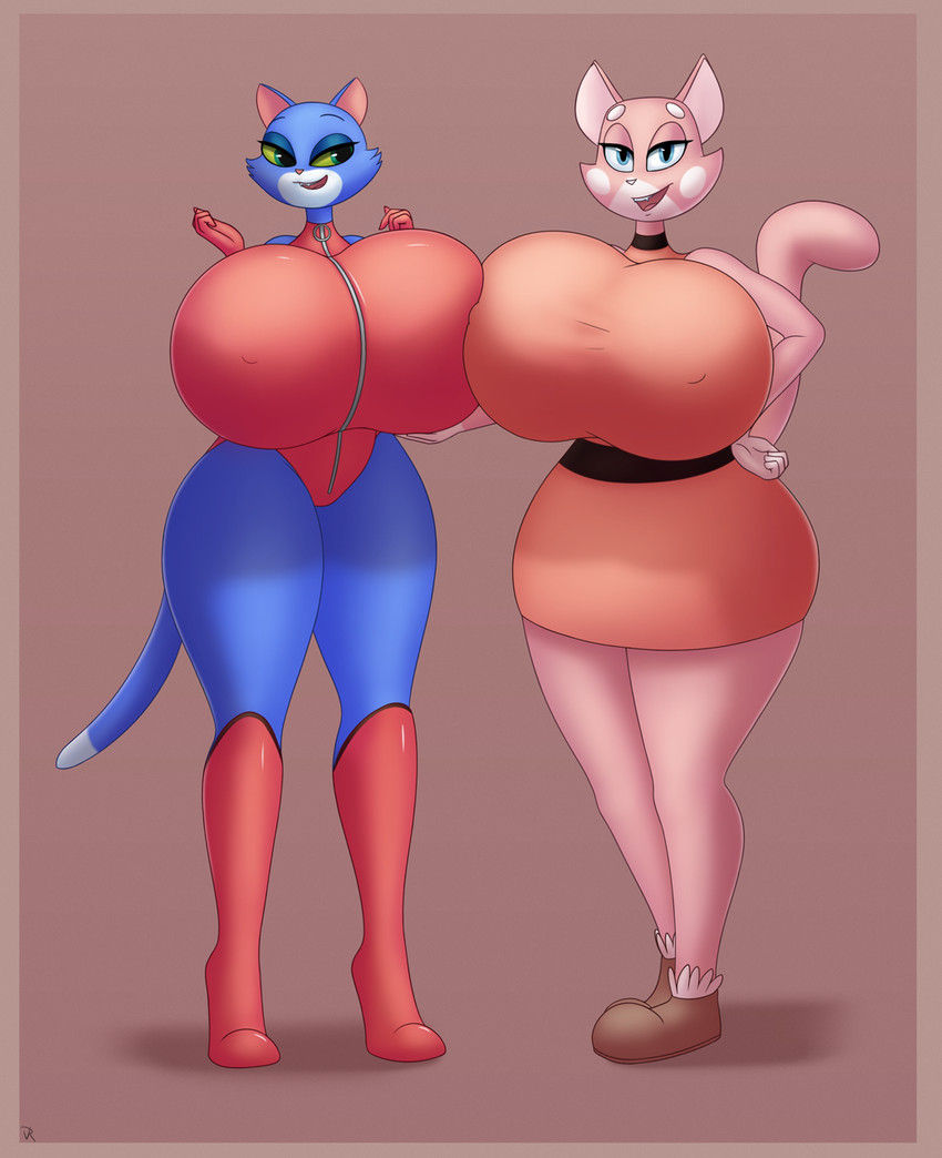 anthro big_breasts breasts duo female huge_breasts hyper hyper_breasts thick_thighs wide_hips r-rova atlus go!_go!_hypergrind sega super_planet_dolan penny_(ggh) shima_luan domestic_cat felid feline felis mammal hi_res