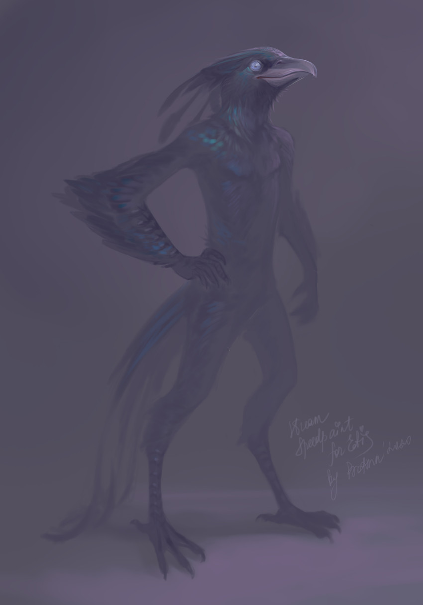 abstract_background anthro beak black_body black_feathers blue_eyes digitigrade feathered_arms feathers featureless_chest featureless_crotch femboy iridescent iridescent_feathers looking_at_viewer male nude plume slim solo standing lynxcatgirl proann yijun adarna avian bird hybrid oscine paradisaeid passerine absurd_res hi_res gynomorph_(lore)