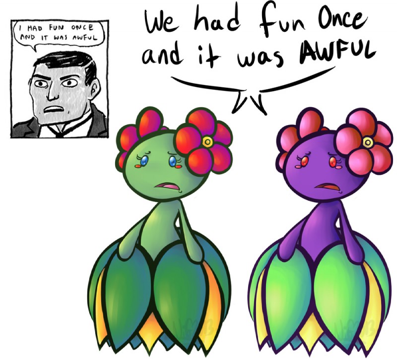 blush dialogue duo female flower head_flower partial_speech_bubble plant pseudo_bottomwear pseudo_clothing pseudo_skirt shared_dialogue speech_bubble text unknown_artist nintendo pokemon bellossom elemental_creature flora_fauna generation_2_pokemon humanoid pokemon_(species) shiny_pokemon english_text