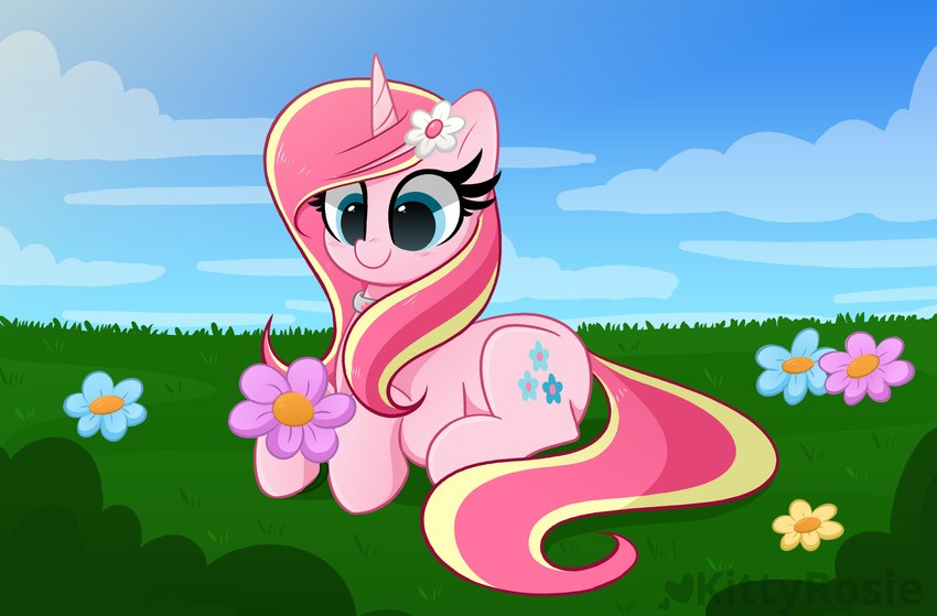 accessory blue_eyes cutie_mark female feral flower flower_in_hair grass hair hair_accessory hooves horn outside pink_body pink_hair plant quadruped smile solo kittyrosie hasbro my_little_pony mythology fan_character rosa_flame_(oc) equid equine horse mammal mythological_creature mythological_equine pony unicorn 2021 absurd_res hi_res