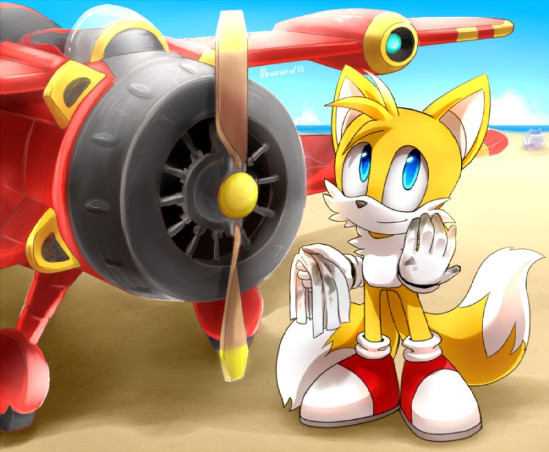 aircraft anthro blue_eyes clothing dipstick_tail footwear fur gloves handwear male markings multicolored_tail smile solo tail tail_markings vehicle white_body white_clothing white_fur white_gloves white_handwear white_tail_tip yellow_body yellow_fur akusuru sega sonic_the_hedgehog_(series) miles_prower canid canine fox mammal 2013