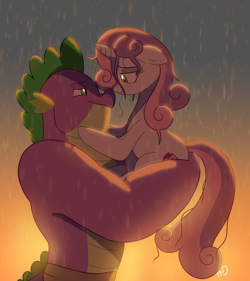 aged_up anthro boop cutie_mark duo eye_contact female feral green_eyes hair holding_another horn imminent_kiss lidded_eyes looking_at_another male male/female muscular muscular_anthro muscular_male pink_hair pink_tail purple_body raining romantic romantic_ambiance standing sunset tail wet wet_hair white_body heavysplatter friendship_is_magic hasbro my_little_pony mythology spike_(mlp) sweetie_belle_(mlp) dragon equid equine mammal mythological_creature mythological_equine mythological_scalie scalie unicorn wingless_dragon 2020 digital_drawing_(artwork) digital_media_(artwork) hi_res