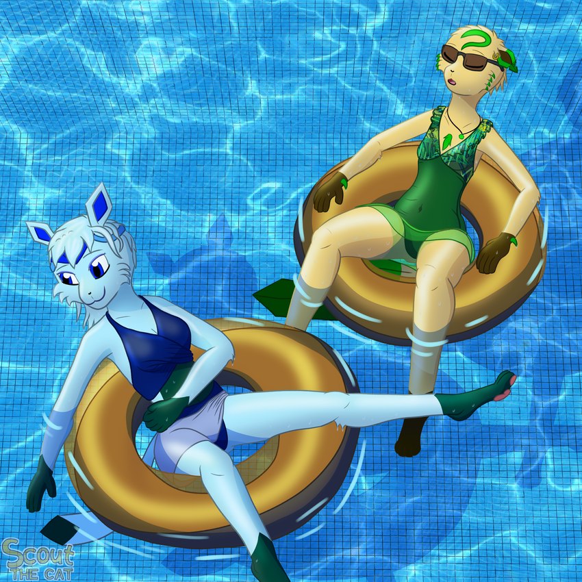 anthro bikini blue_body blue_clothing blue_eyes blue_fur blue_hair blue_swimwear bottomwear breasts brown_body brown_fur clothing duo ear_piercing ear_ring eyes_closed eyewear female fur green_body green_clothing green_fur green_swimwear hair inflatable inner_tube jewelry necklace one-piece_swimsuit pattern_clothing pattern_swimwear piercing pool ring_piercing skirt sleeping small_breasts smile sunglasses swimwear tail tan_body tan_fur thick_thighs towel towel_wrap two-piece_swimsuit wet wet_body wet_clothing wet_hair scoutthecat02 nintendo pokemon lisa_devellis marissa_reinhart eeveelution generation_4_pokemon glaceon leafeon pokemon_(species) 1:1 absurd_res hi_res