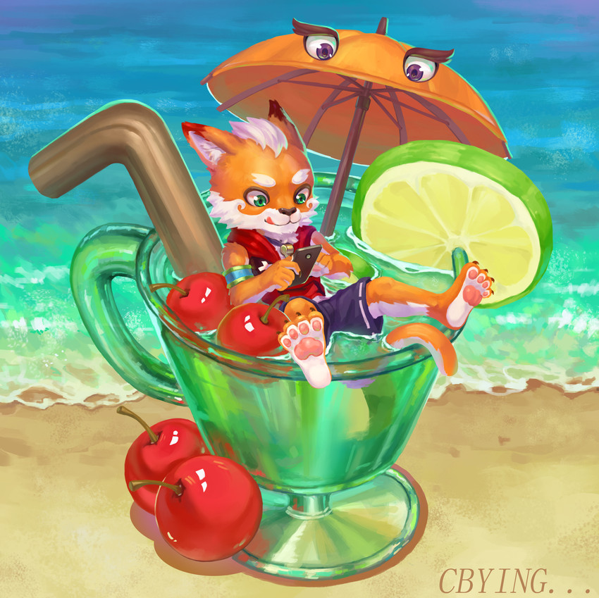 4_toes anthro beach bendy_straw cherry container drinking_straw duo electronics feet food fruit fur green_eyes hindpaw in_container in_cup lime looking_at_object looking_at_phone looking_down male multicolored_body multicolored_fur orange_body orange_fur pawpads paws phone pink_pawpads plant purple_eyes sea seaside solo_focus text toes tongue tongue_out two_tone_body two_tone_fur umbrella water white_body white_fur xiaoyaozhi animate_inanimate domestic_cat felid feline felis mammal colorful_theme digital_media_(artwork) digital_painting_(artwork) english_text hi_res painting_(artwork)