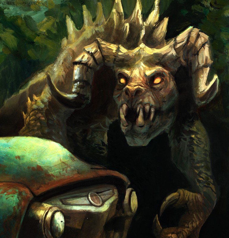 ambiguous_gender anthro back_spikes bent_over car claws curved_horn empty_eyes front_view glowing glowing_eyes horn long_claws nude open_mouth outside rust scales sharp_teeth simple_background snarling snout solo spikes spikes_(anatomy) stalking teeth vehicle yellow_eyes kenket fallout microsoft deathclaw monster scalie 2018 digital_media_(artwork) digital_painting_(artwork) painting_(artwork) restricted_palette