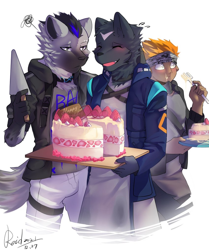 anthro black_body black_fur cake clothing collar dessert eating eating_food food fur grey_body grey_fur group hair looking_at_another male shirt tail topwear trio tea_reid arknights hypergryph studio_montagne ethan_(arknights) spot_(arknights) animal_humanoid canid chameleon_humanoid humanoid hyena lizard_humanoid mammal reptile reptile_humanoid scalie scalie_humanoid spotted_hyena hi_res