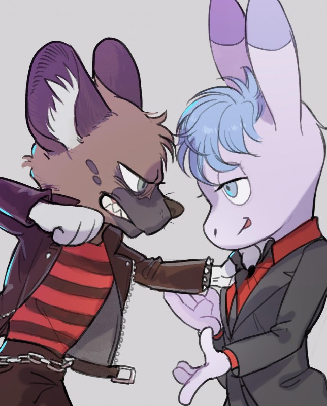 angry anthro clothing duo eye_contact fight fist looking_at_another male male/male side_view simple_background text kivkeaw aggretsuko sanrio haida_(aggretsuko) tadano_(aggretsuko) asinus donkey equid equine hyena mammal spotted_hyena digital_media_(artwork) english_text hi_res